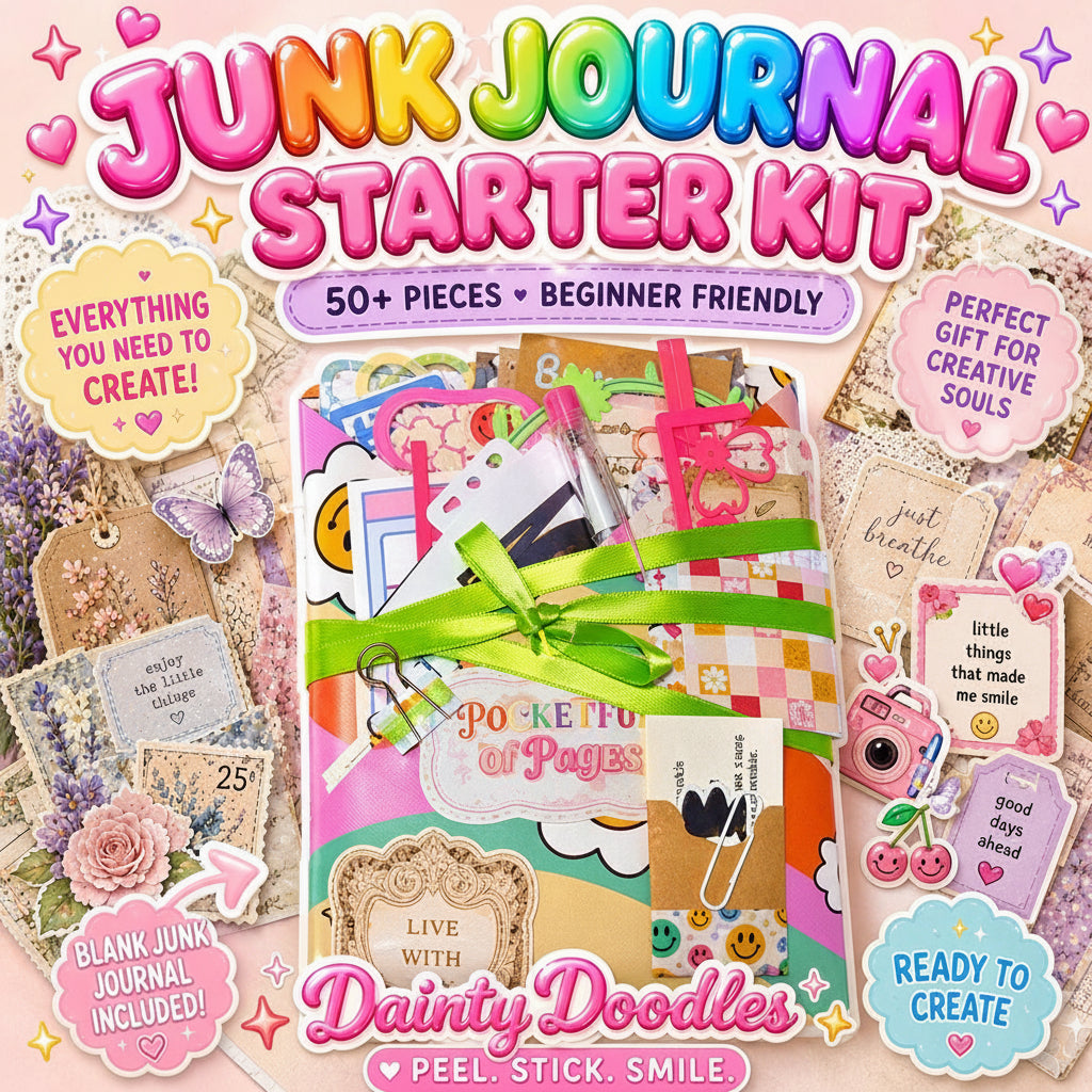 Junk Journal Starter Kit | Vintage Kawaii Ephemera Bundle, Dainty Doodles Craft Kit (50+ Pieces)