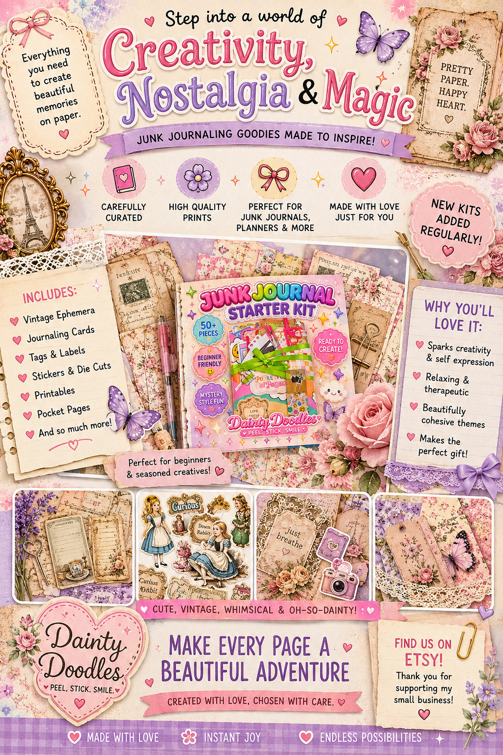 Junk Journal Starter Kit | Vintage Kawaii Ephemera Bundle, Dainty Doodles Craft Kit (50+ Pieces)