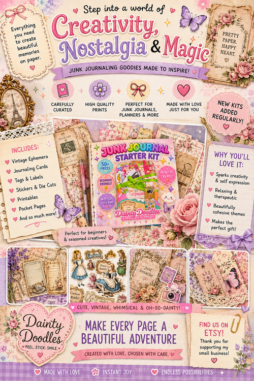 Junk Journal Starter Kit | Vintage Kawaii Ephemera Bundle, Dainty Doodles Craft Kit (50+ Pieces)