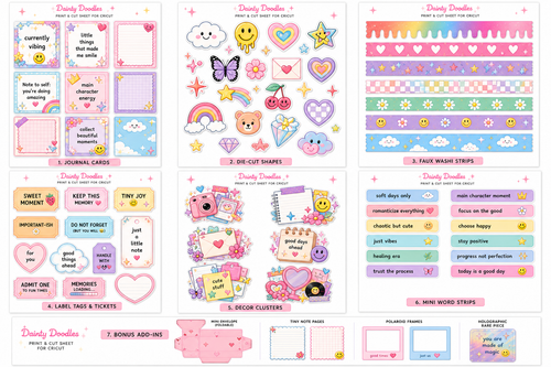 Junk Journal Ephemera Pack | 50+ Vintage Paper Pieces, Tags, Stickers (Dainty Doodles)