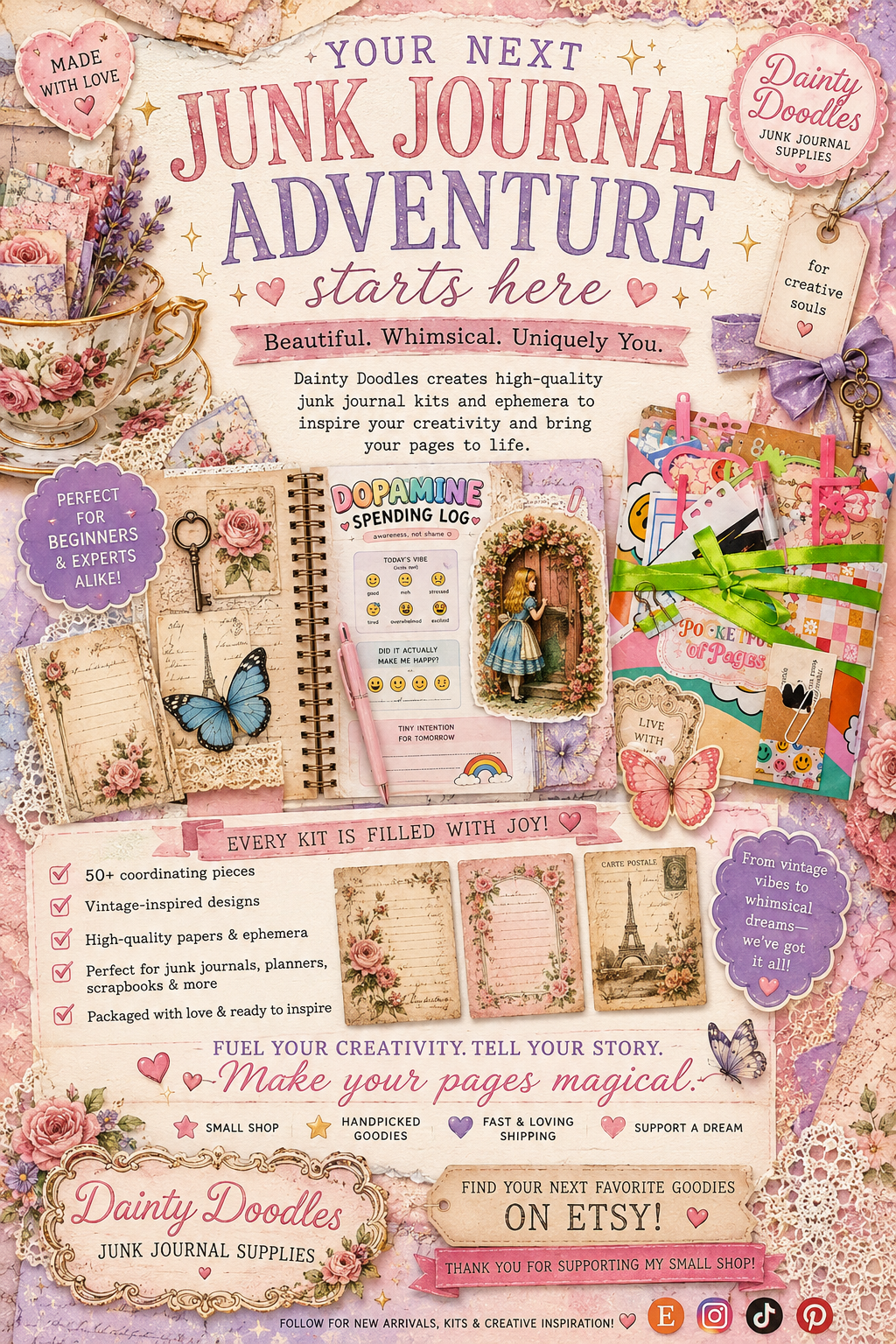 Junk Journal Starter Kit | Vintage Kawaii Ephemera Bundle, Dainty Doodles Craft Kit (50+ Pieces)