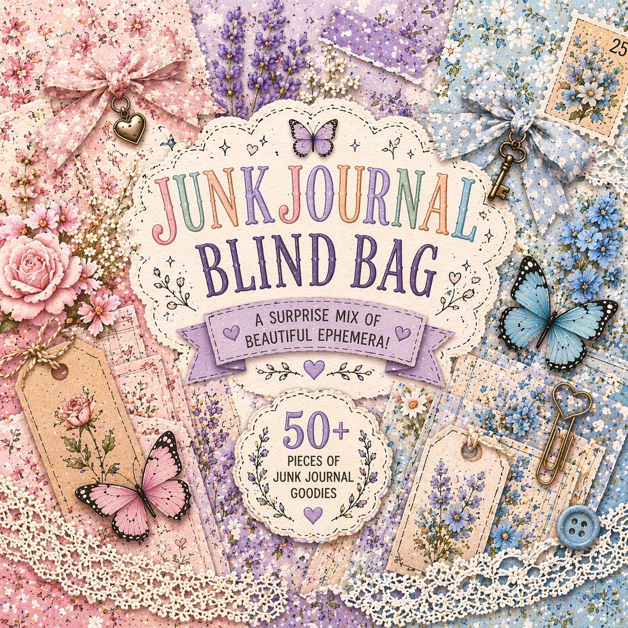 Junk Journal Ephemera Pack | 50+ Vintage Paper Pieces, Tags, Stickers (Dainty Doodles)